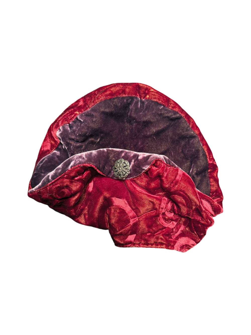 VINTAGE HERZENBERG Burnout Velvet Pillbox Hat 50s Handpainted Red Purple Brooch